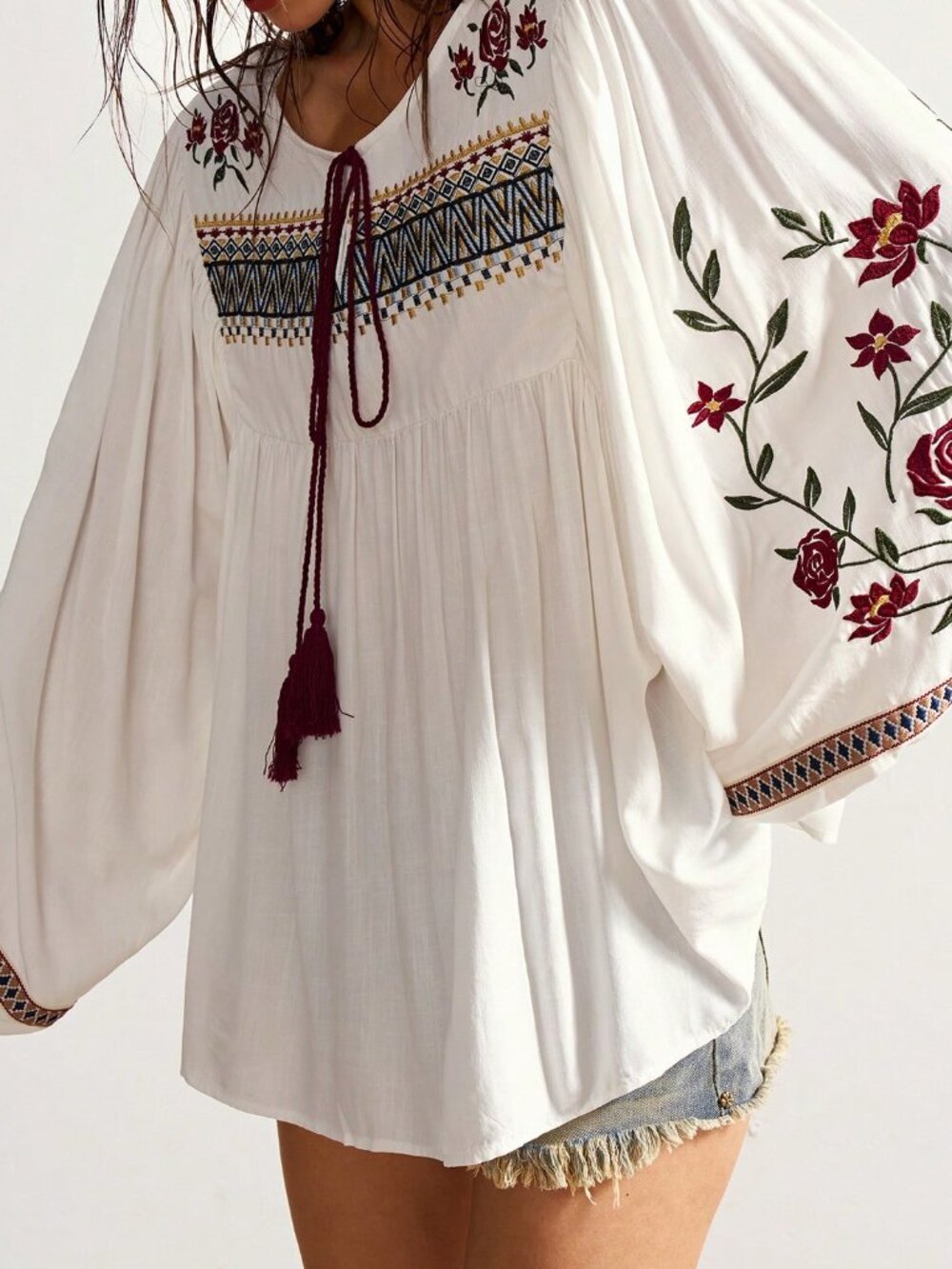 White Boho Women's Floral Knot Front Long Sleeve Casual Blouse - Picture 2 of 7